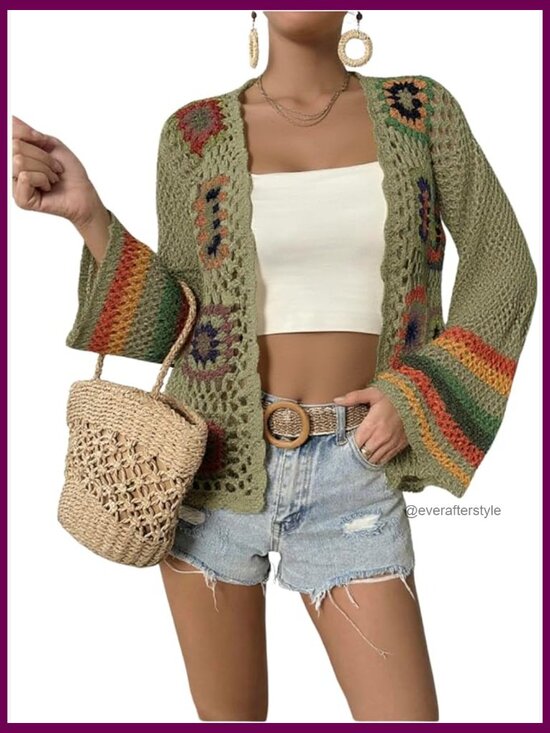Sweaters - Floral Crochet Open Front Cardigan Hollow Out Long Sleeve Lightweight Sweater